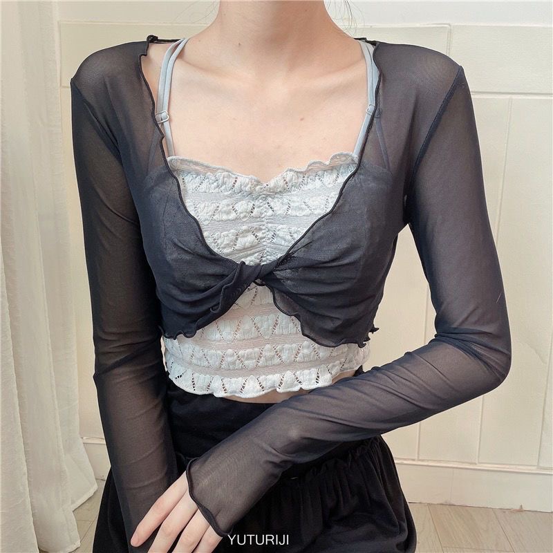 Pilates Yoga Wear - 여성용 메쉬 발레 커버업 크로스 프론트